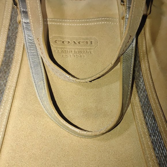 Coach Leatherware Suede Beaded Stripe Beige Tote Bag Dual Handles Zipper Closure - Picture 8 of 14